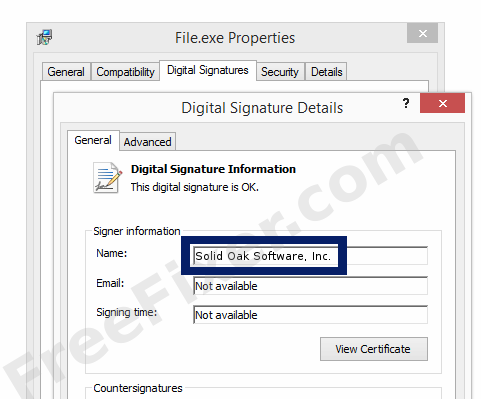 Screenshot of the Solid Oak Software, Inc. certificate